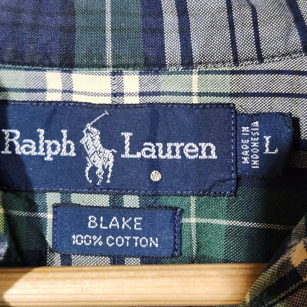 Polo Ralph Lauren Blake Mens Large Green Navy Plaid Cotton Button Down Shirt